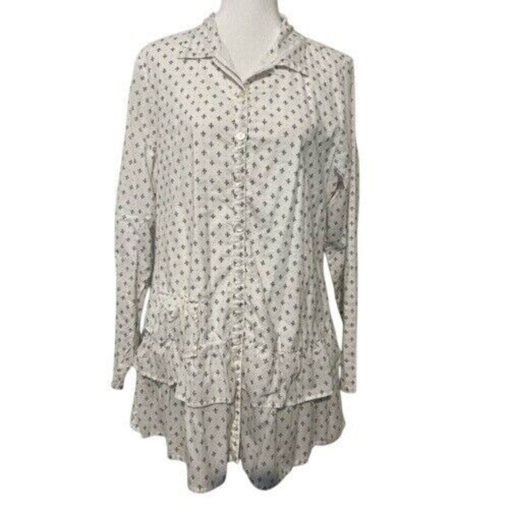TULIP Womens Blouse Tunic Top Button Front Long Sleeve Ruffle Bottom White M‎